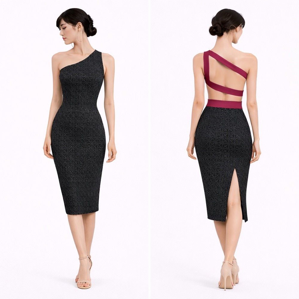 One Shoulder Open Back Reversable Dress Black Magenta Size 8 - DNI Tango